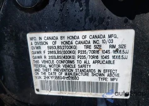 2004 Honda Pilot Ex-L z USA, uszkodzony, nr VIN 2HKYF18694H521680